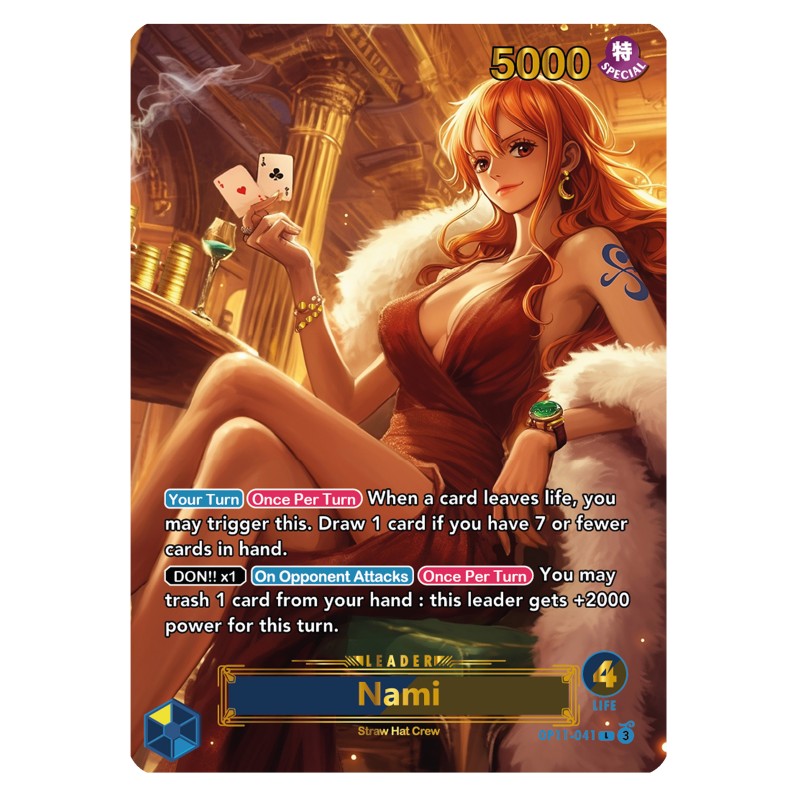 Nami OP11 – Leader Card – Custom One Piece Proxy – Gold & Silver Foil – Double-Sided Majestic Design – Series 4