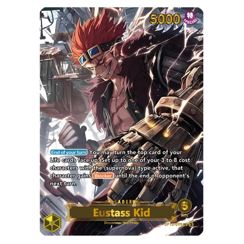 copy of Eustass Kid OP10 – Leader Card – Custom One Piece Proxy – Gold & Silver Foil – Double-Sided Majestic Design – Series 3