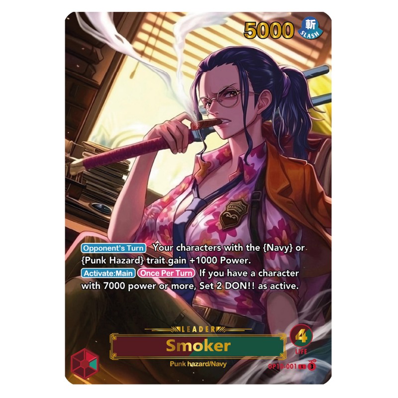 Smoker OP10 – Carte Leader – Proxy personnalisé One Piece – Dorure Or & Argent – Design recto-verso Majestic – Série 3